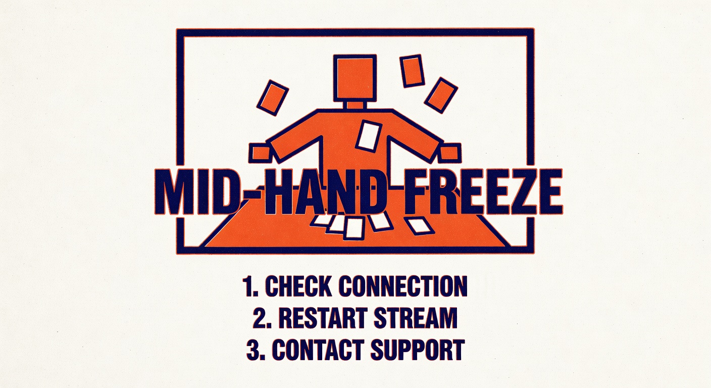 Live dealer video feed showing mid-hand freeze and technical troubleshooting steps