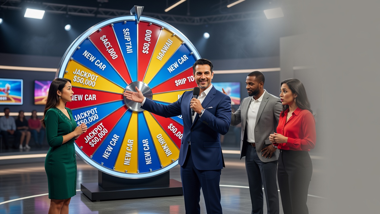 Host and contestants interact at modern game show studio with spinning wheel backdrop