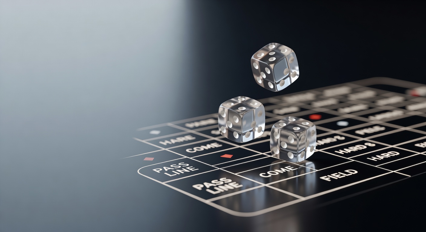 Three dice suspended mid-roll against backdrop of illuminated betting zone grid layout
