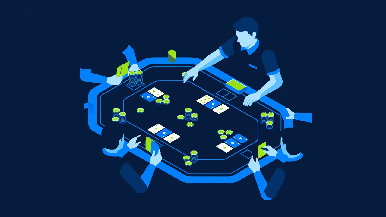 Professional poker table mid-hand with scattered chips and intense dealer interaction