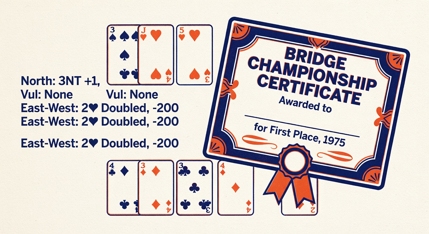 Bridge card game layout with scoring notation and bridge championship certificate