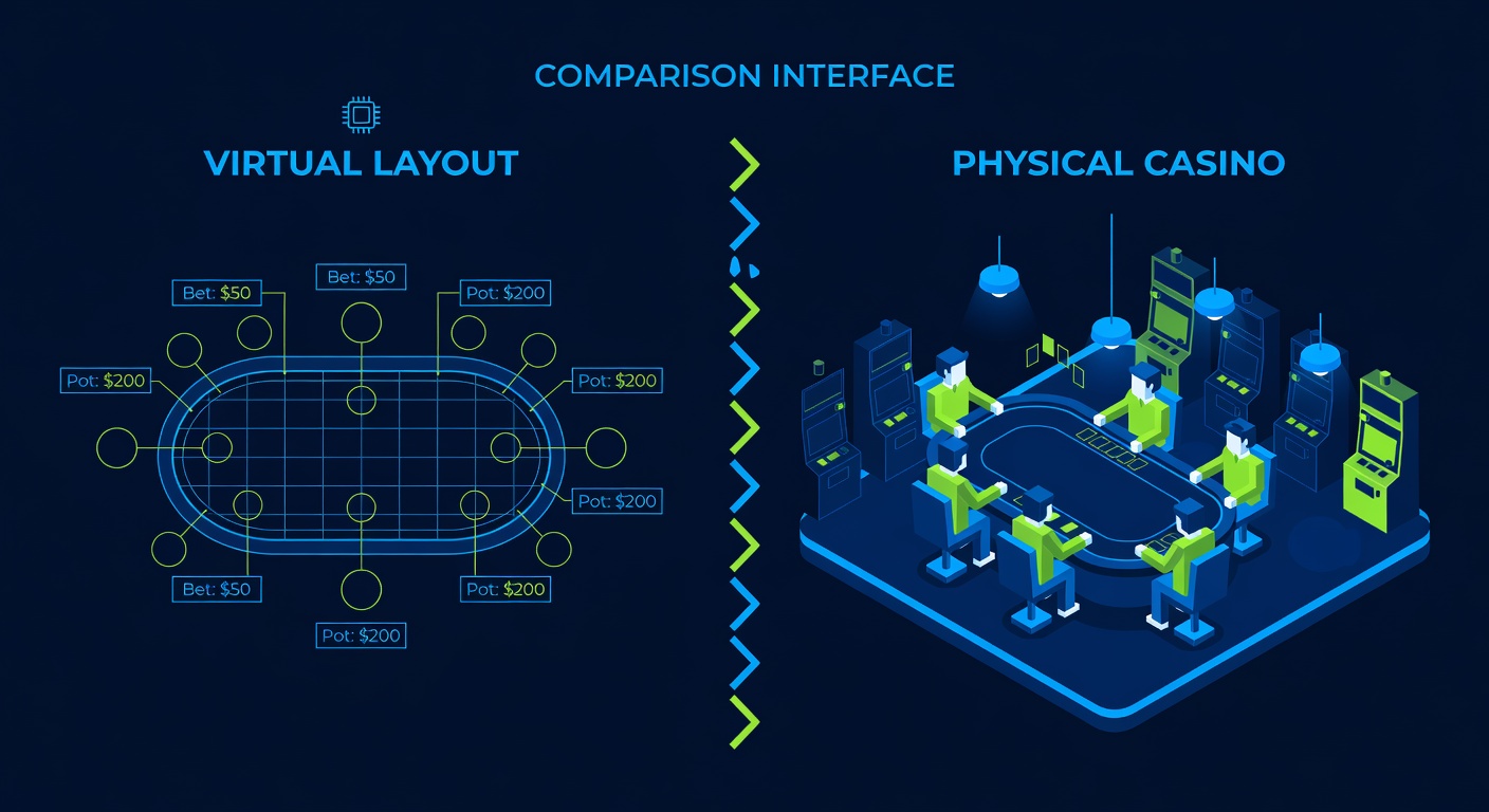 Comparison interface showing virtual table layout versus physical casino environment