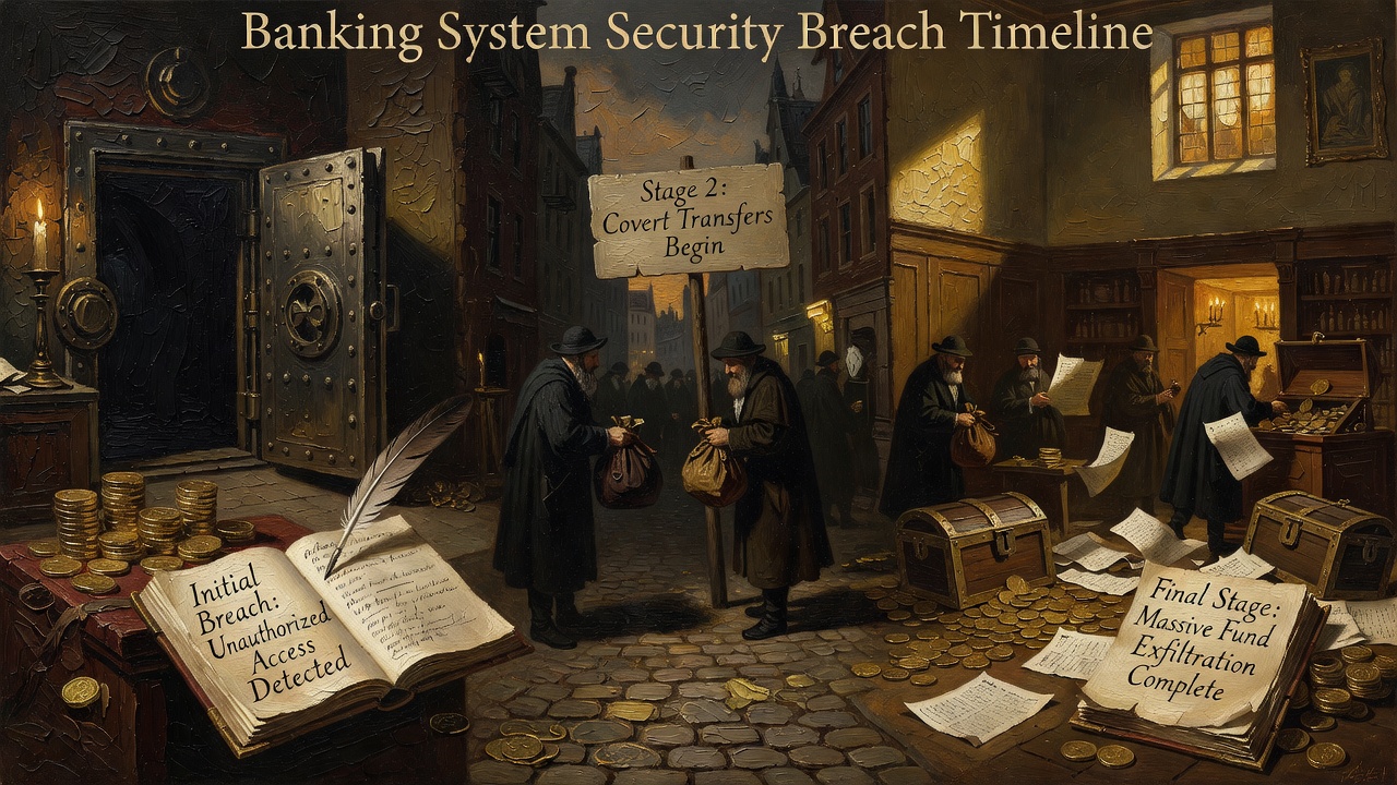 Banking system security breach timeline showing progression of unauthorized fund transfers