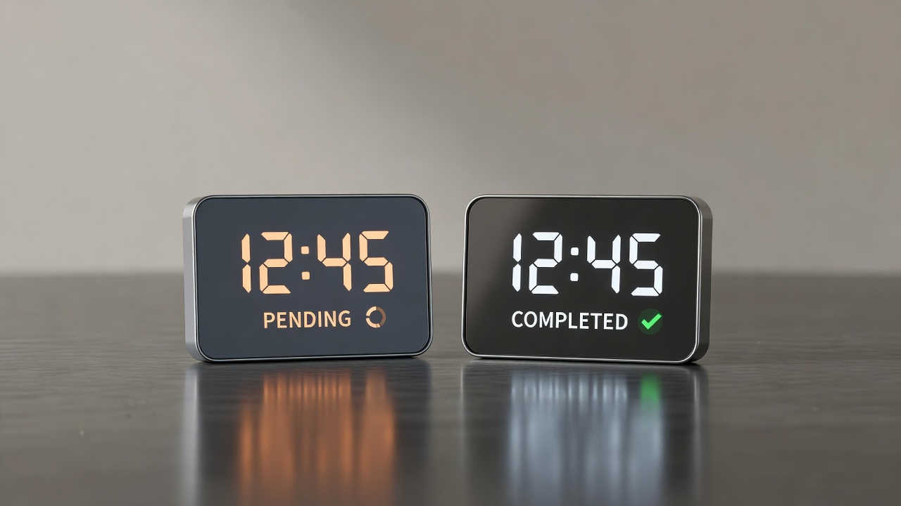 Digital clock faces showing pending and completed transaction status side-by-side comparison