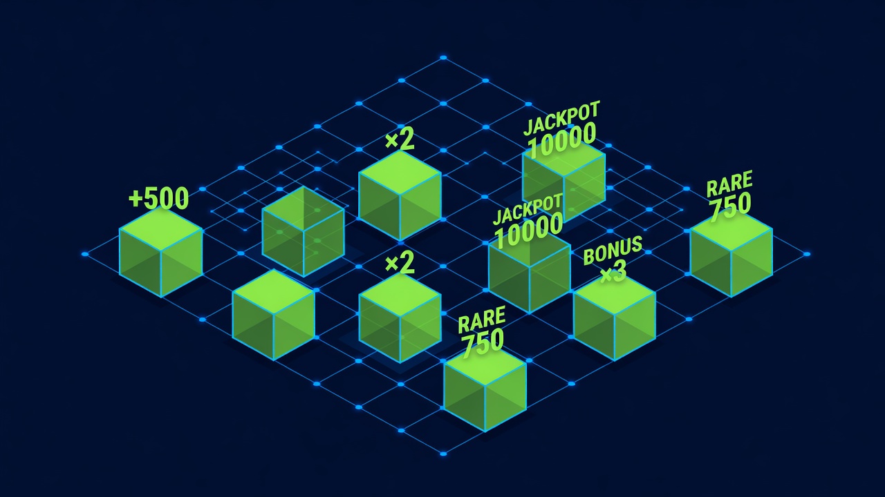 Illuminated grid interface with hidden prize boxes containing variable reward amounts displayed