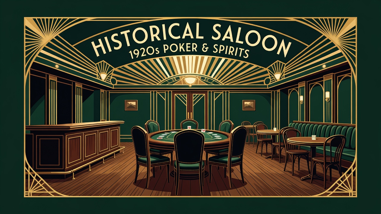 Historical saloon interior with poker table and period-accurate furniture arrangement on wooden floor