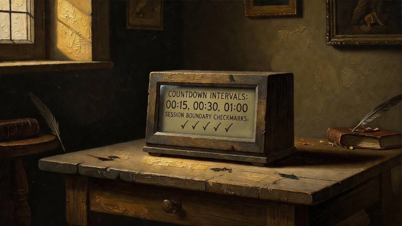 Regulatory timer display showing countdown intervals and session boundary checkmarks on screen