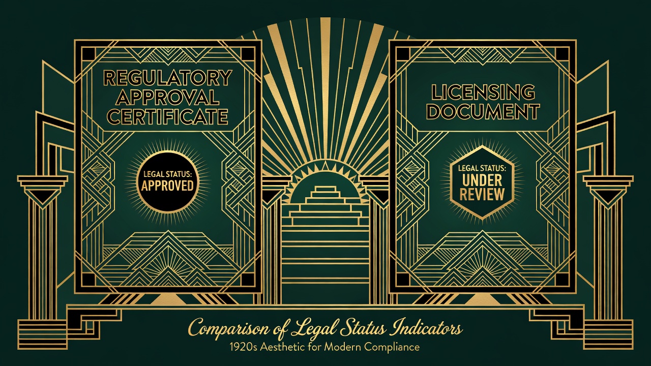 Regulatory approval certificate and licensing document comparison showing legal status indicators
