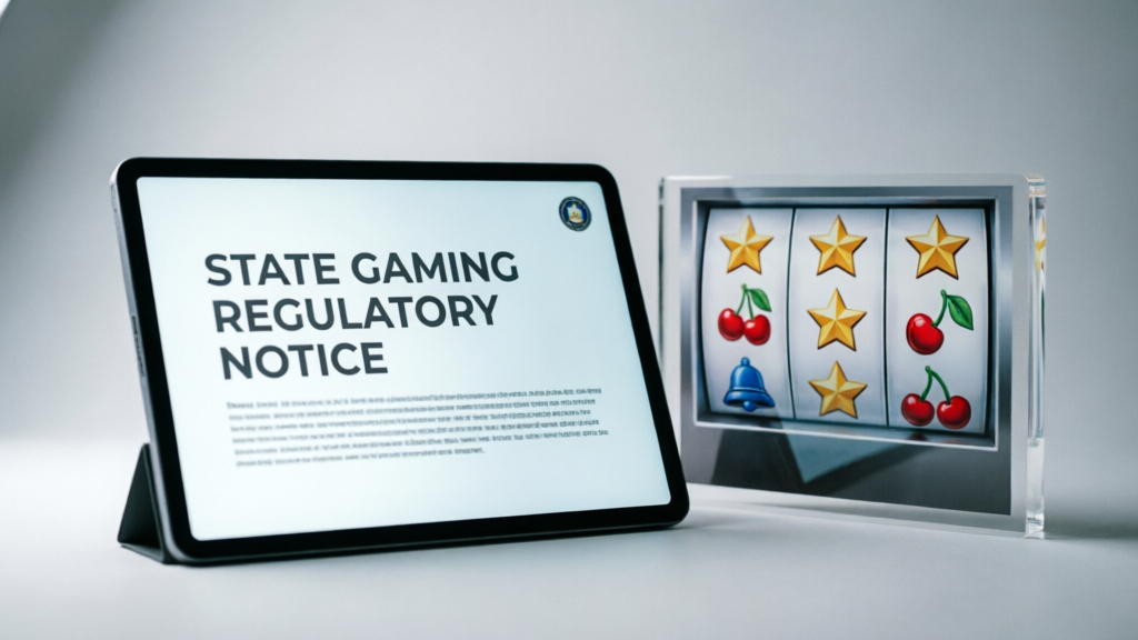 state regulatory notices displayed on tablet screens next to slot machine graphics