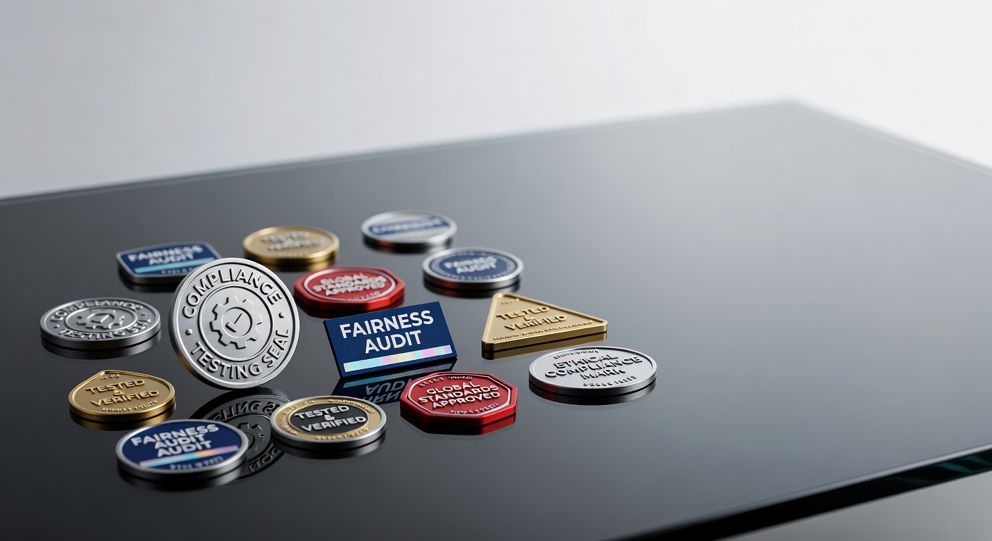 Certification badge collection showing compliance testing seals and fairness audit marks