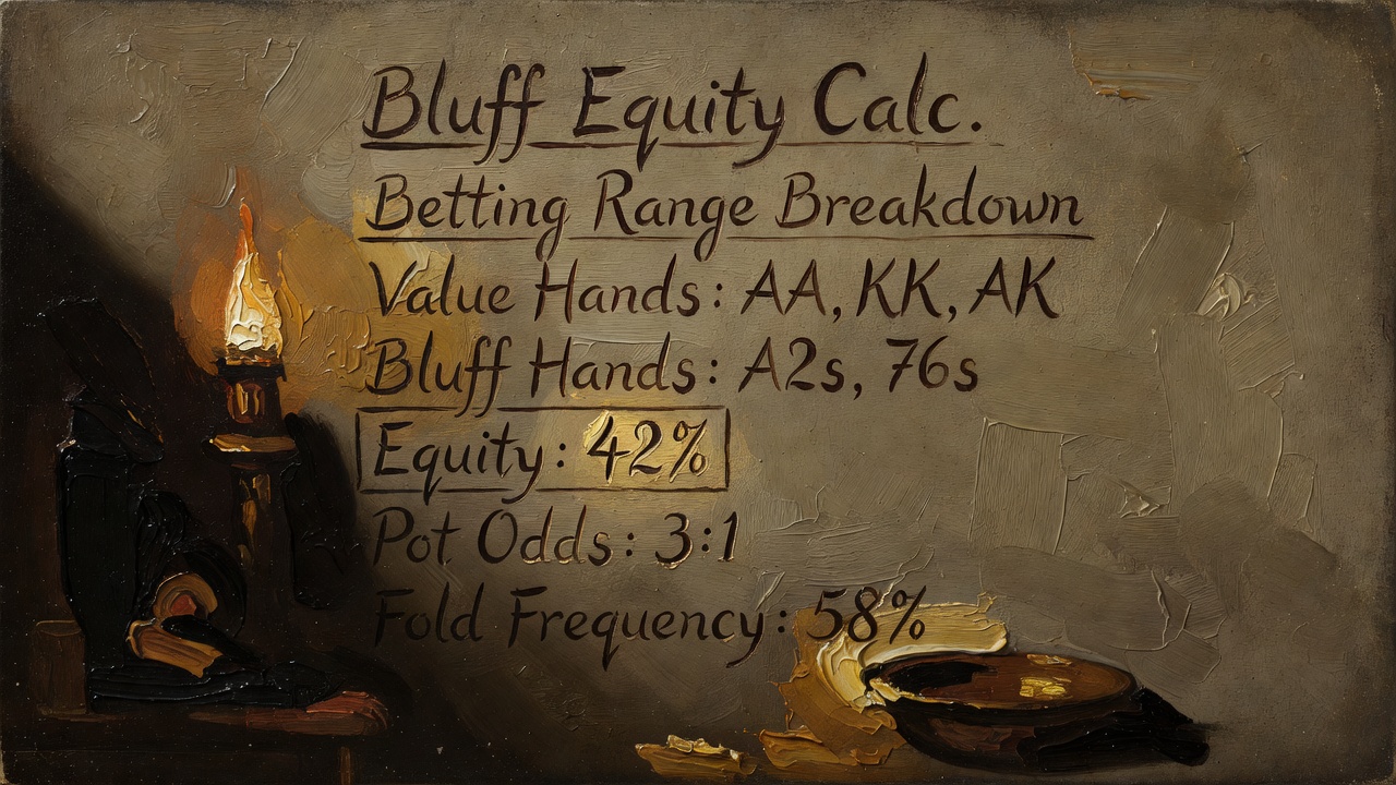 Poker hand notation diagram showing bluff equity calculation with betting range breakdown