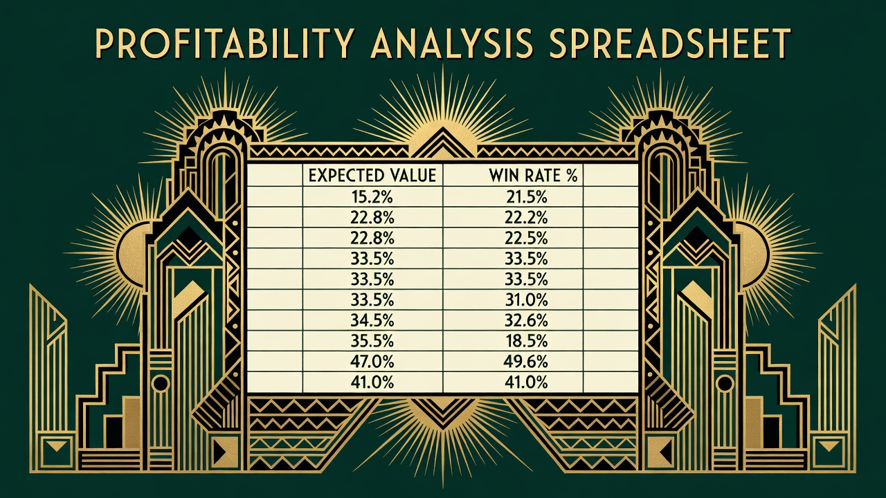 Profitability analysis spreadsheet with columns showing expected value and win rate percentages