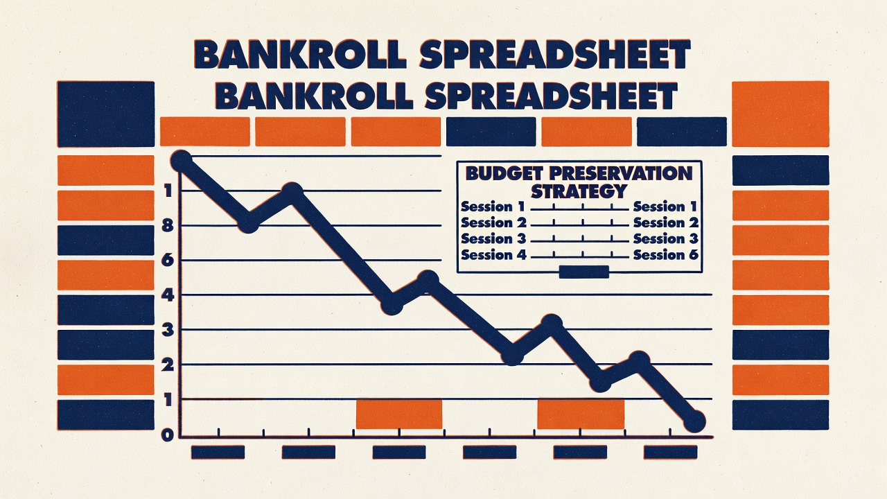 Bankroll spreadsheet with declining balance chart showing budget preservation strategy across multiple sessions