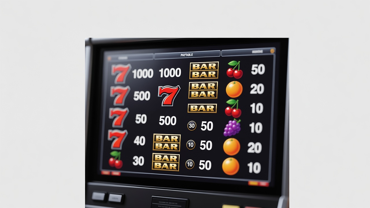 close-up of a slot machine paytable screen with symbols and numbers