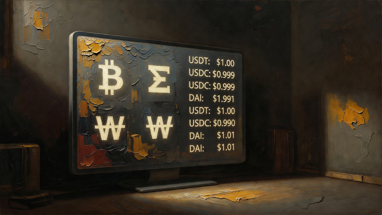 Cryptocurrency token symbols and stablecoin price index displayed on digital screen