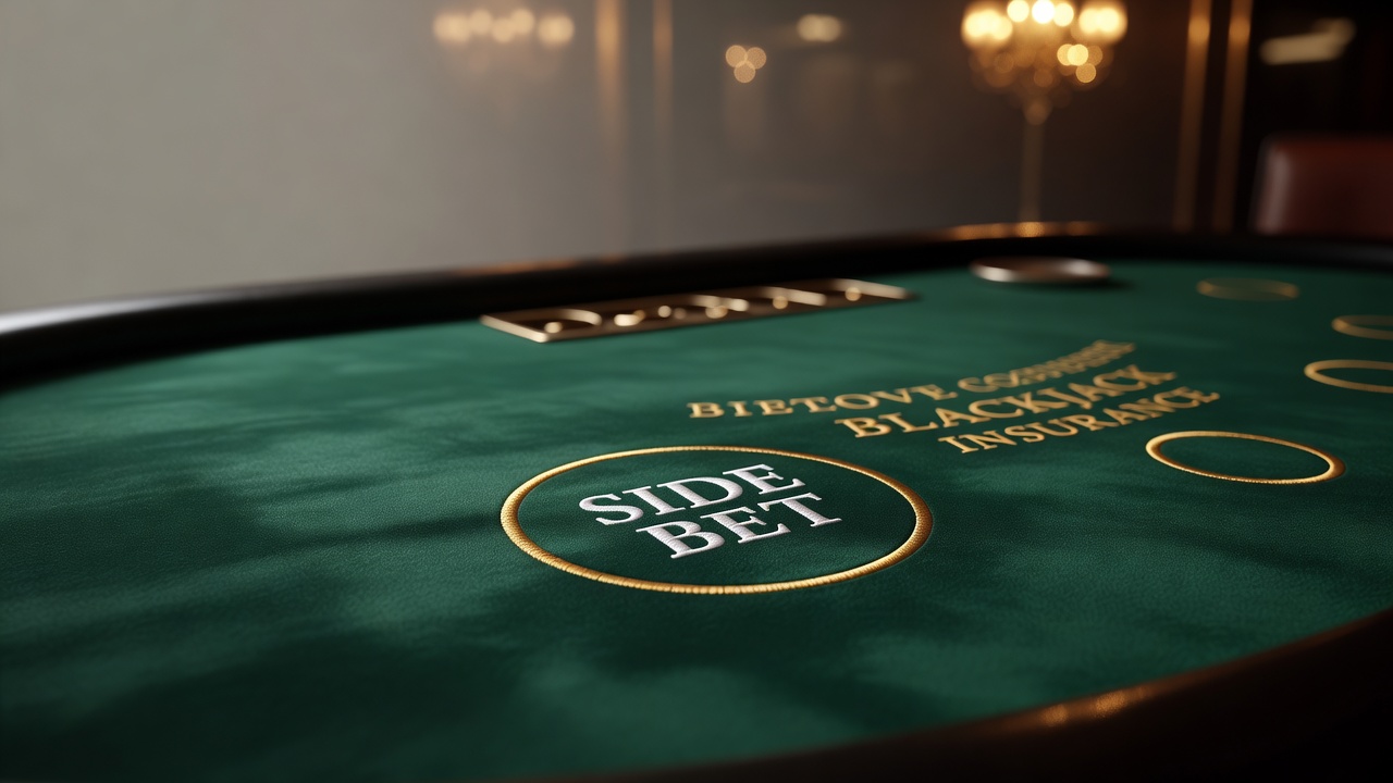 Blackjack felt with highlighted side-bet circle under casino lights