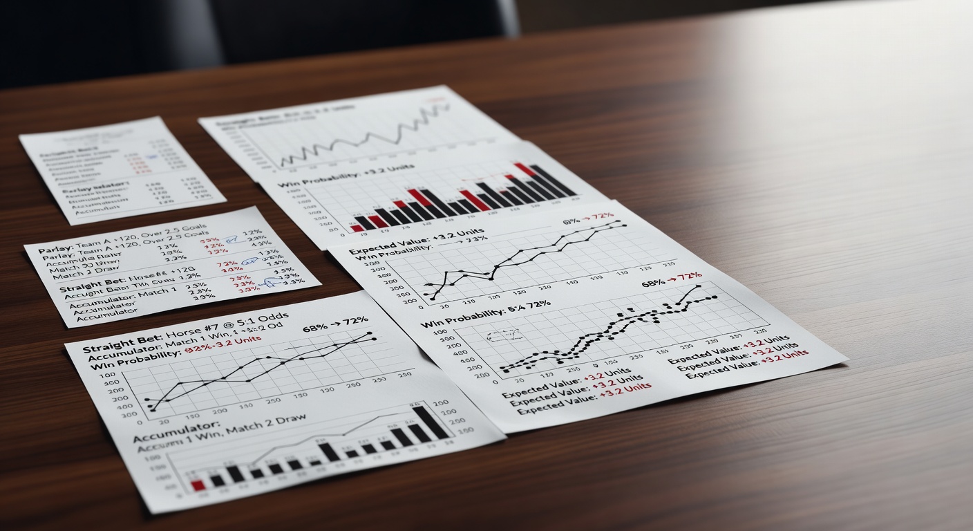 Multiple betting slips and statistical probability analysis charts spread across desk