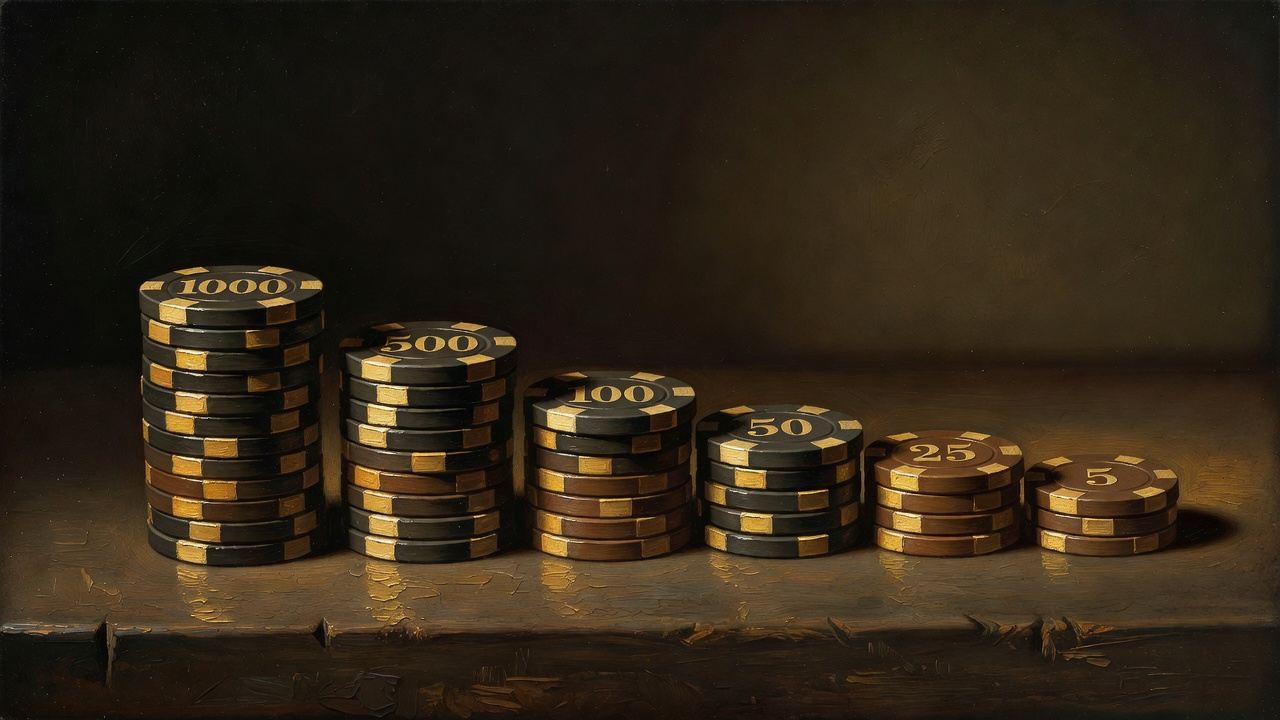 Casino chip stack arranged in descending order showing comparative betting progression and chip denomination hierarchy
