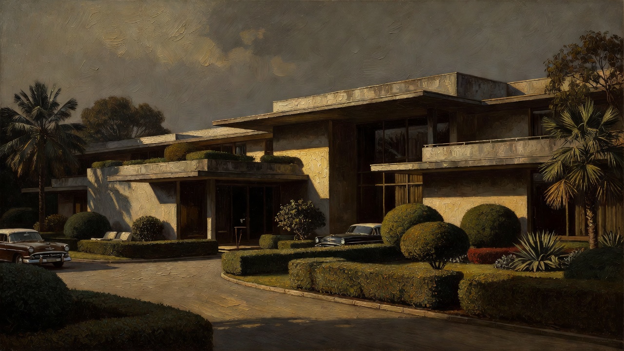 Historic architectural photograph showing vintage resort exterior and landscaping from mid-century era