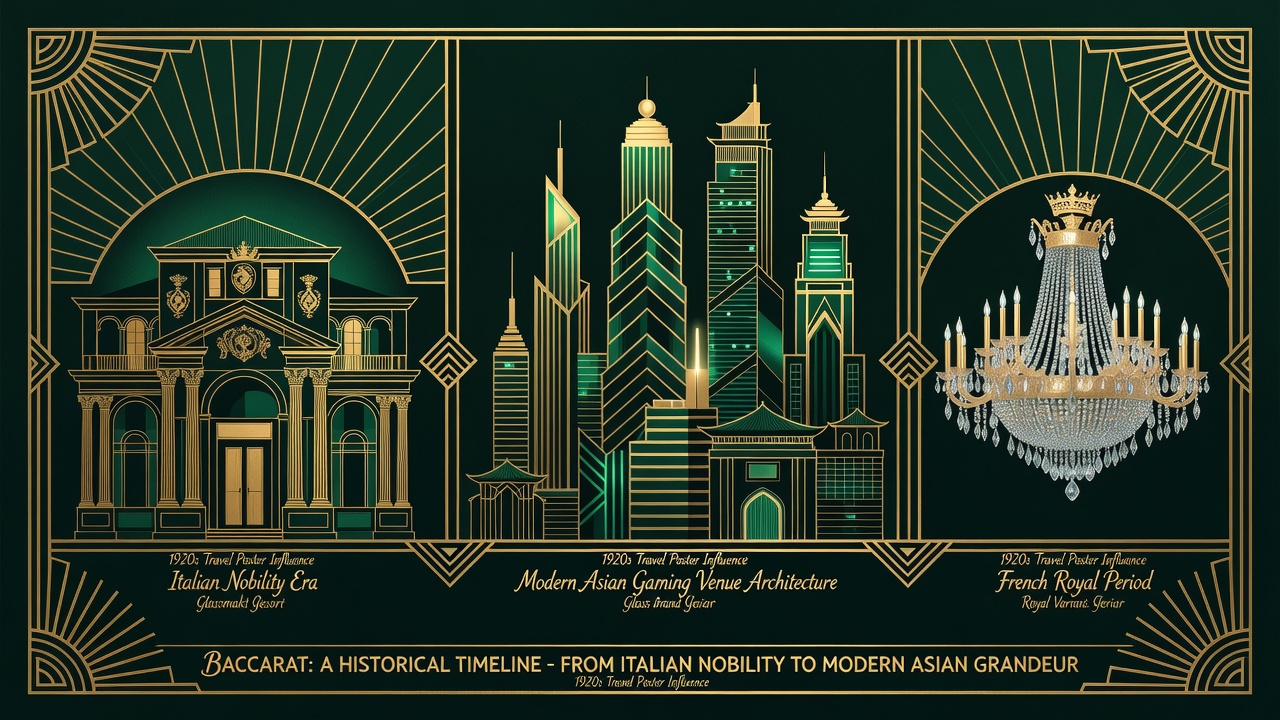 Baccarat historical timeline spanning from Italian nobility era to modern Asian gaming venue architecture