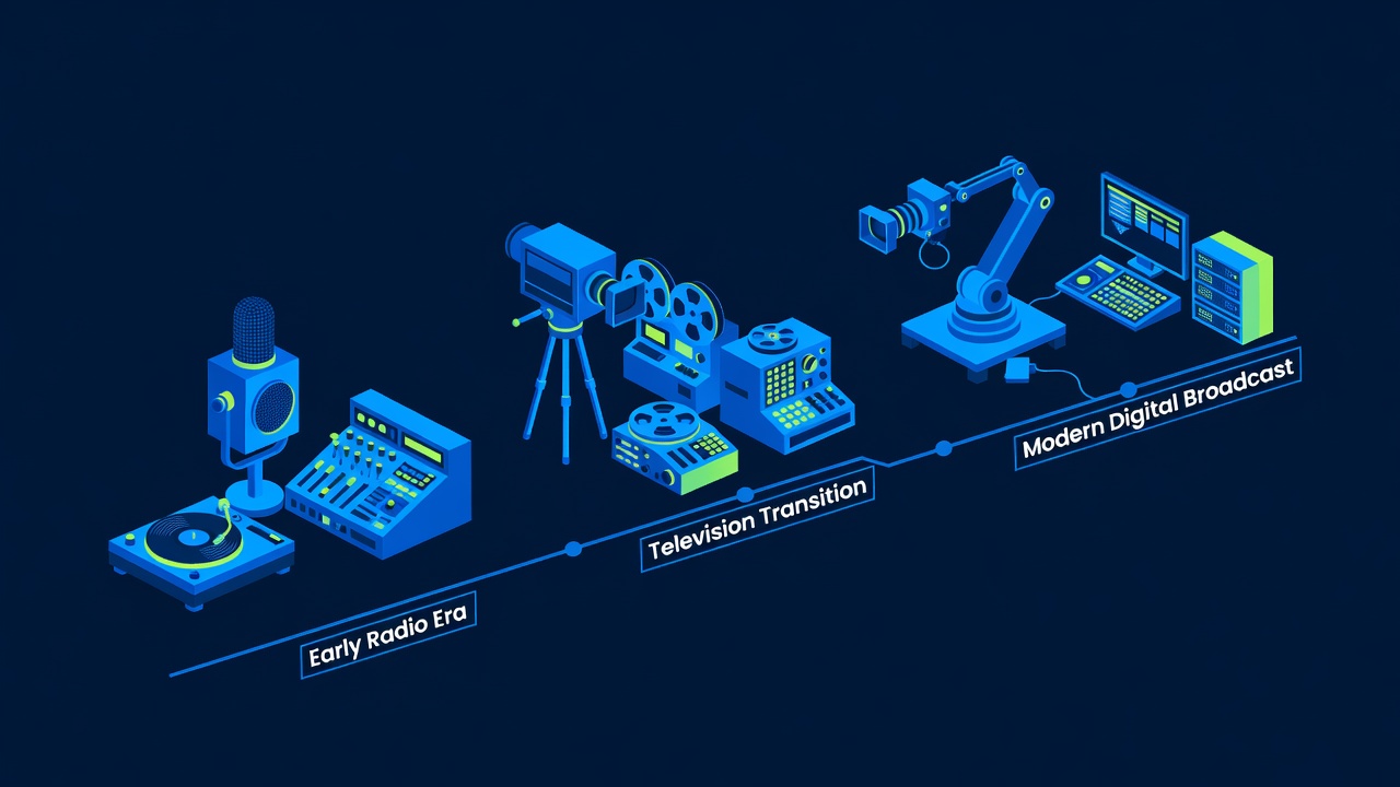 Studio evolution timeline showing production technology advancement from early to modern broadcasts
