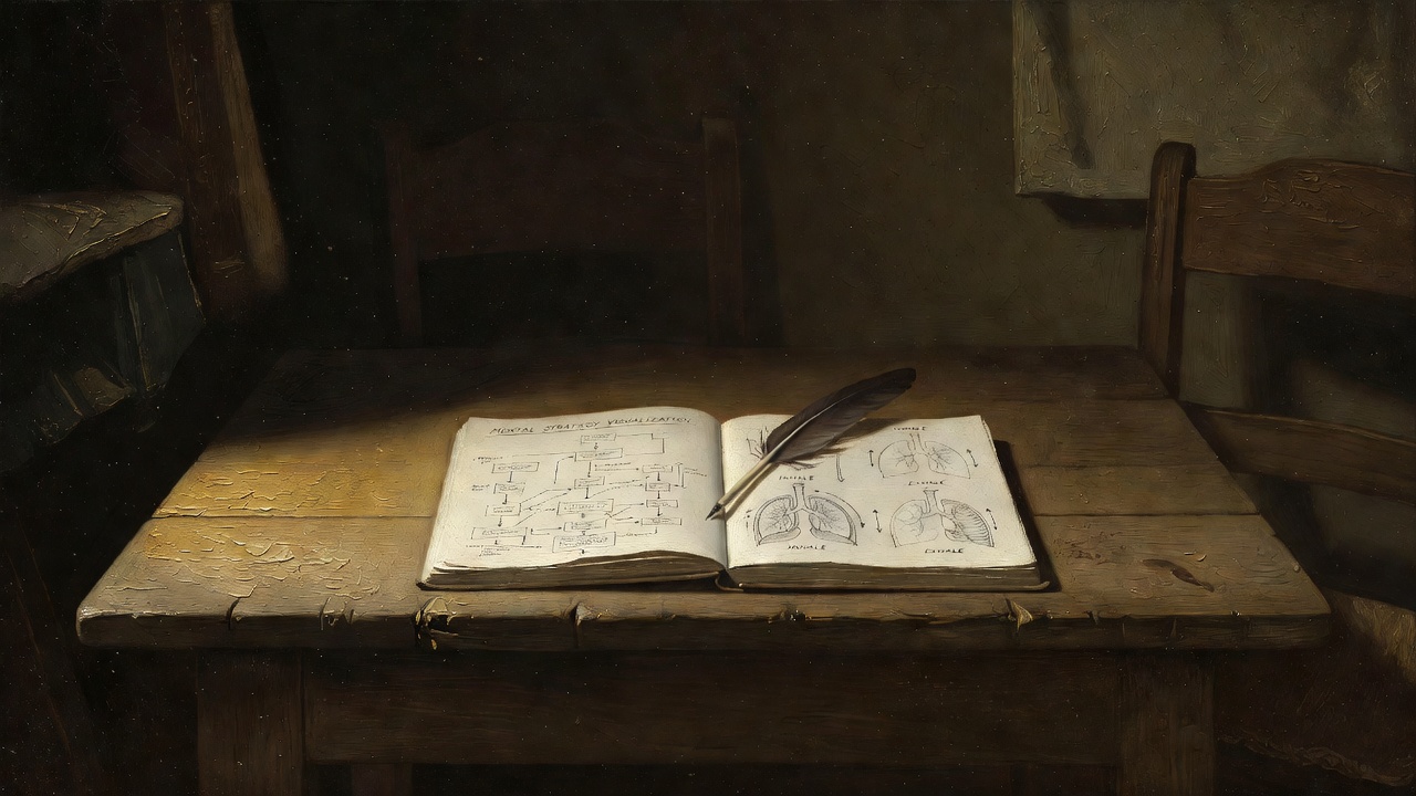 Meditation space with notebook and pen showing mental strategy visualization sketches alongside breathing exercise diagrams