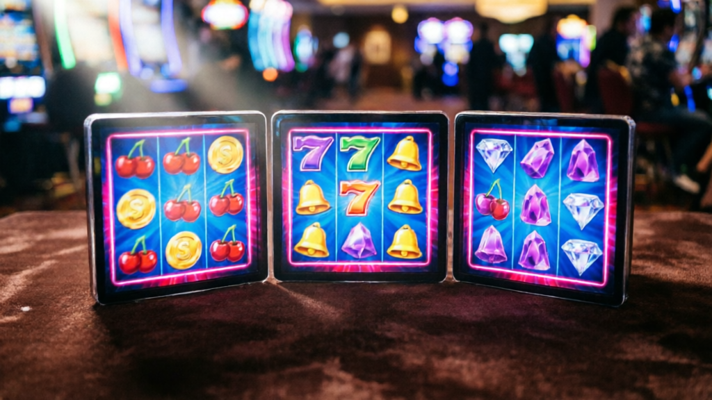 Three glowing slot machine screens side by side on a casino floor