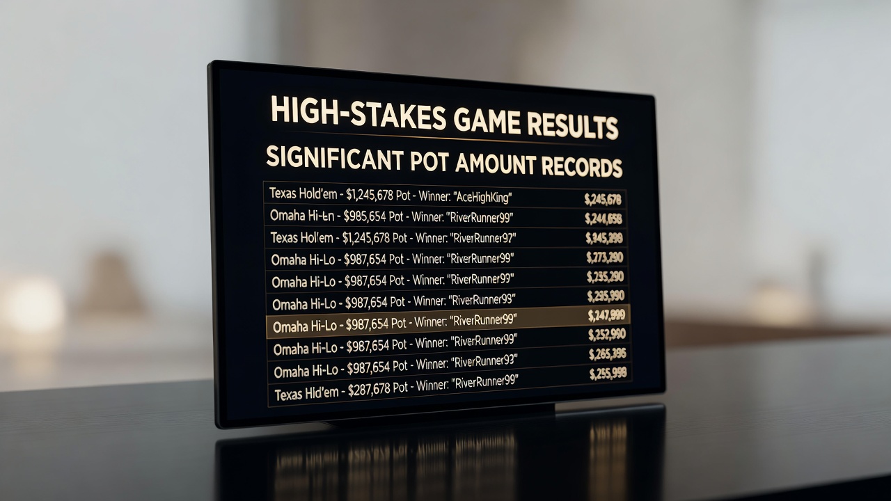 Online poker lobby interface displaying high-stakes game results and significant pot amount records