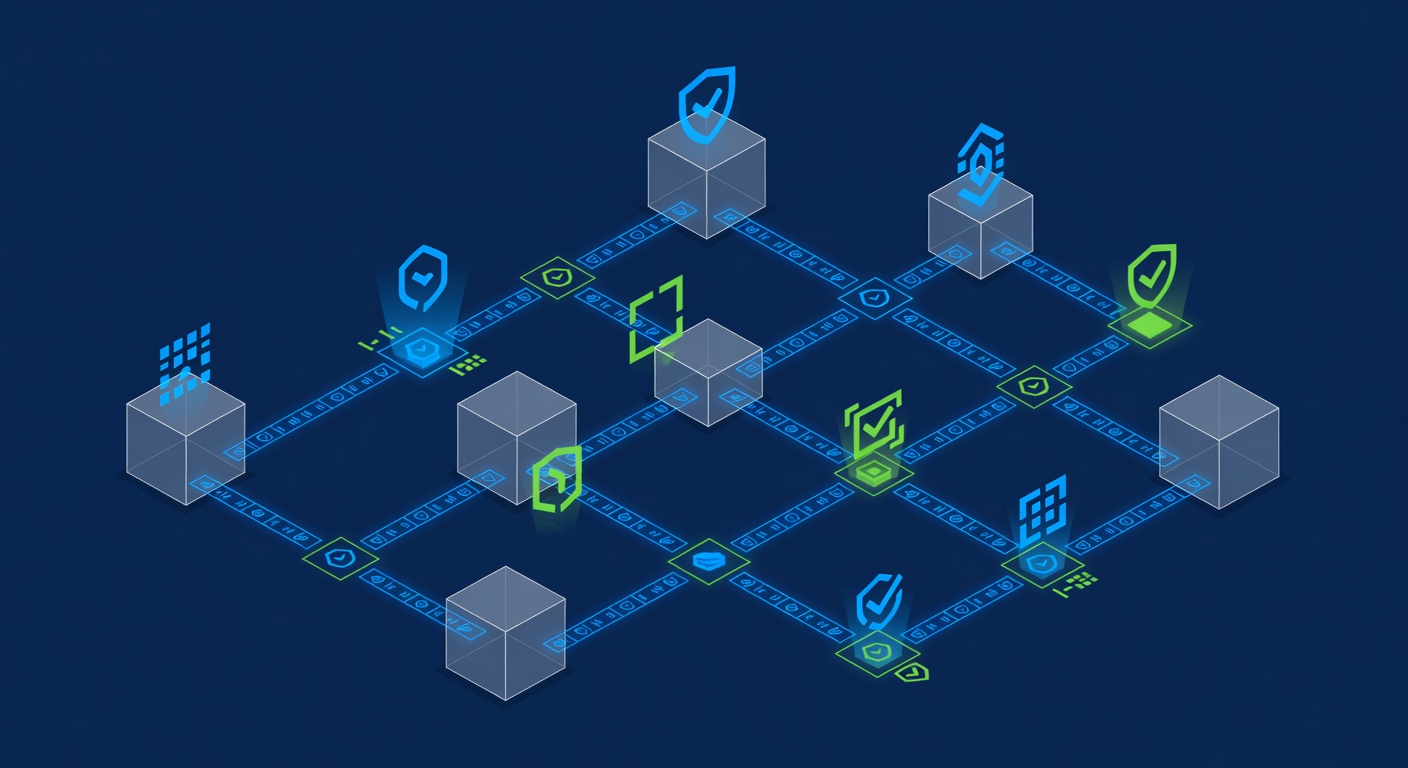 Digital blockchain ledger entries flowing through glass terminals with security verification layers