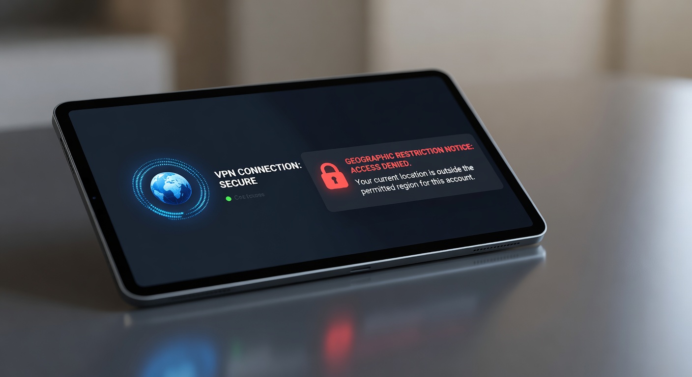VPN connection indicator and online casino account access geographic restriction notice