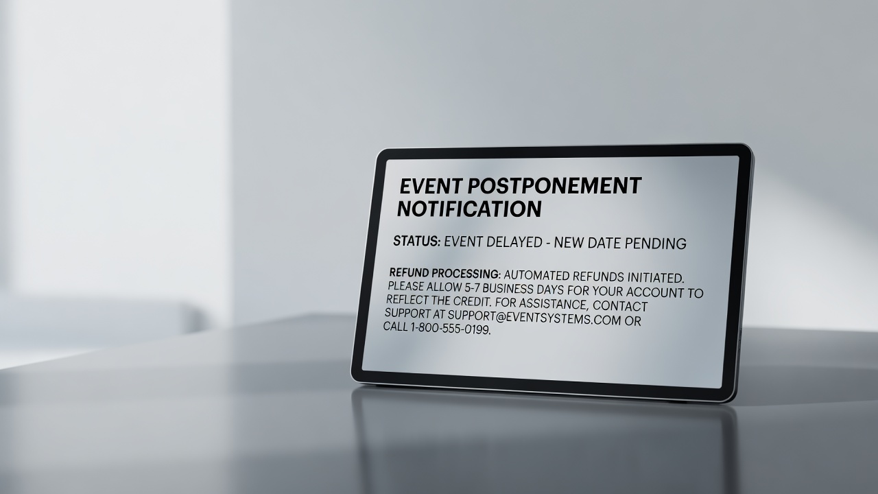 Postponement notification system displaying event status update and refund processing instructions