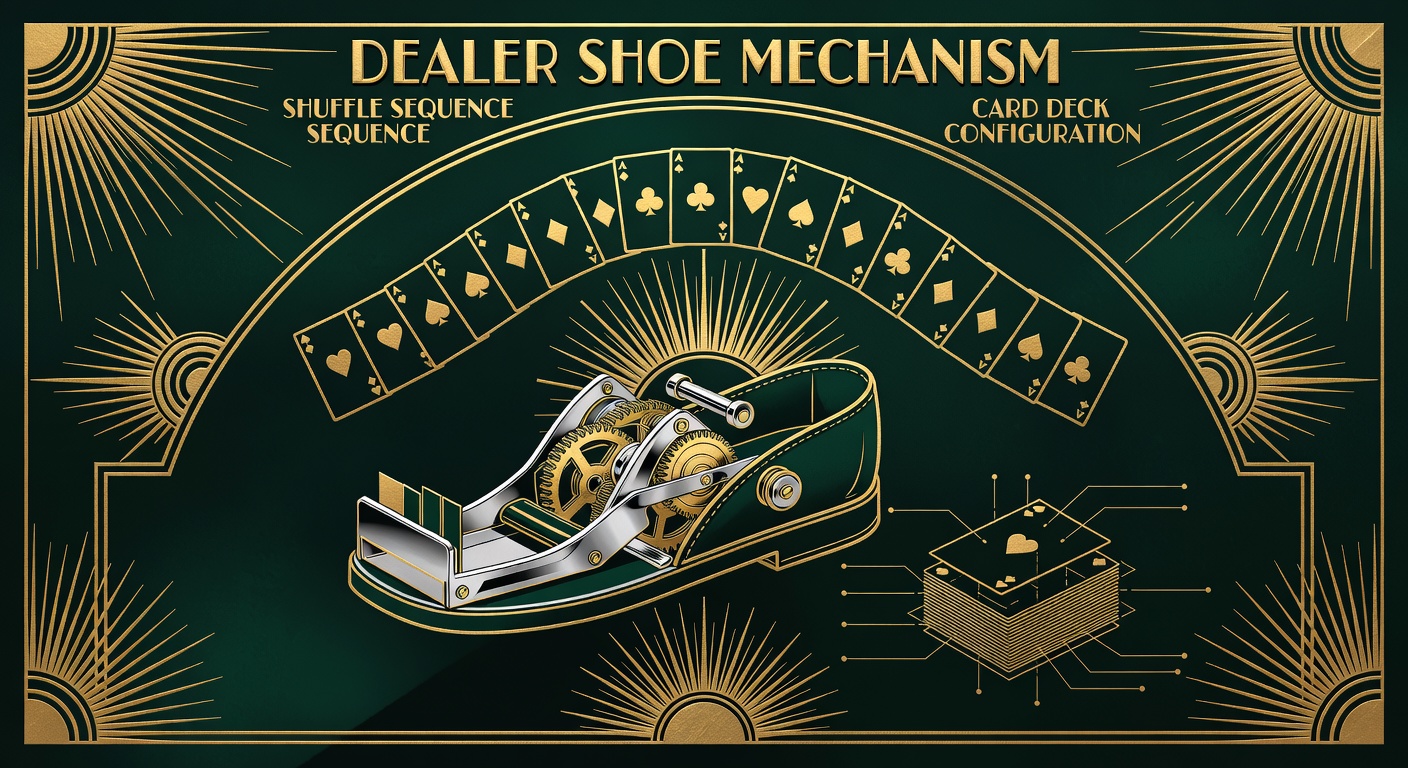 Dealer shoe mechanism with visible shuffle sequence and card deck configuration diagram