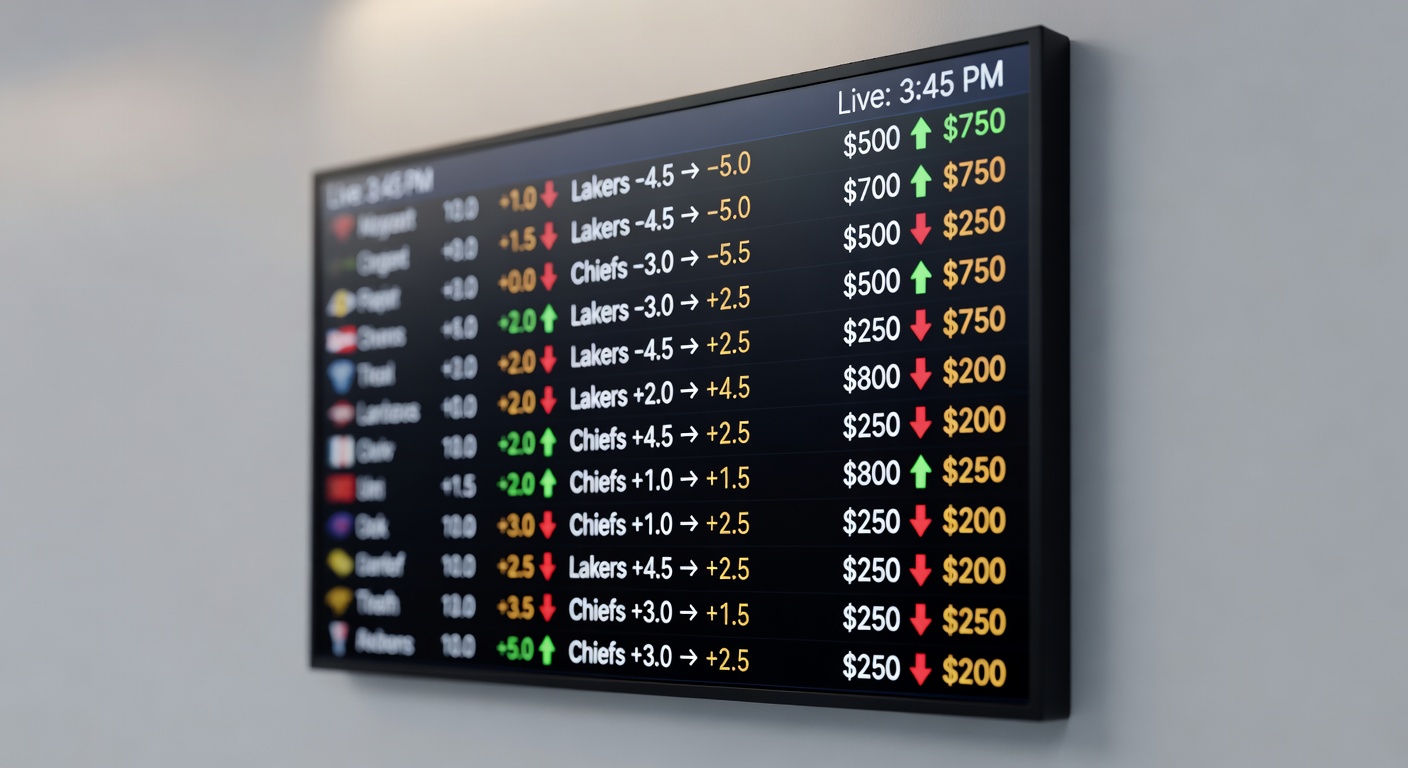 Sports betting odds board showing changing line movements and stake amounts