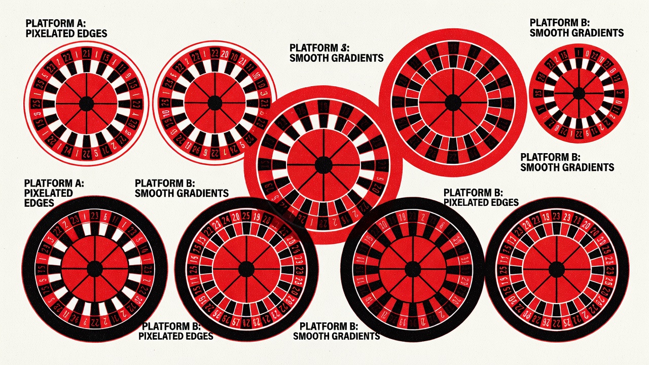 Roulette wheel graphics variation display showing digital rendering differences across platform environments