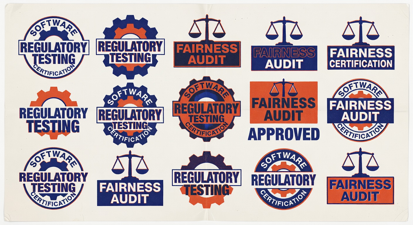 Software certification badge collection showing regulatory testing and fairness audit seals