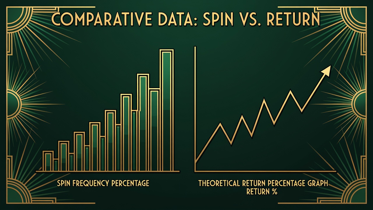 Comparative bar chart showing spin frequency percentage alongside theoretical return percentage graph