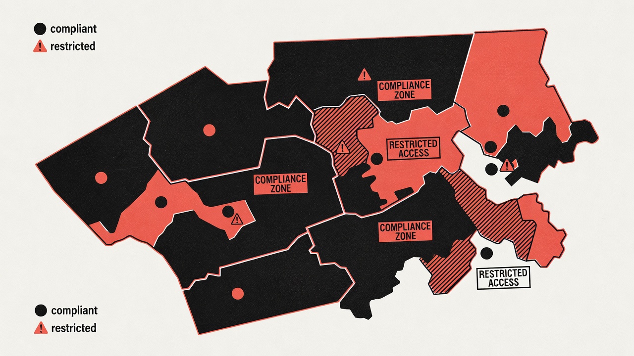Geographic territory map with restricted zone overlays and regional compliance markers
