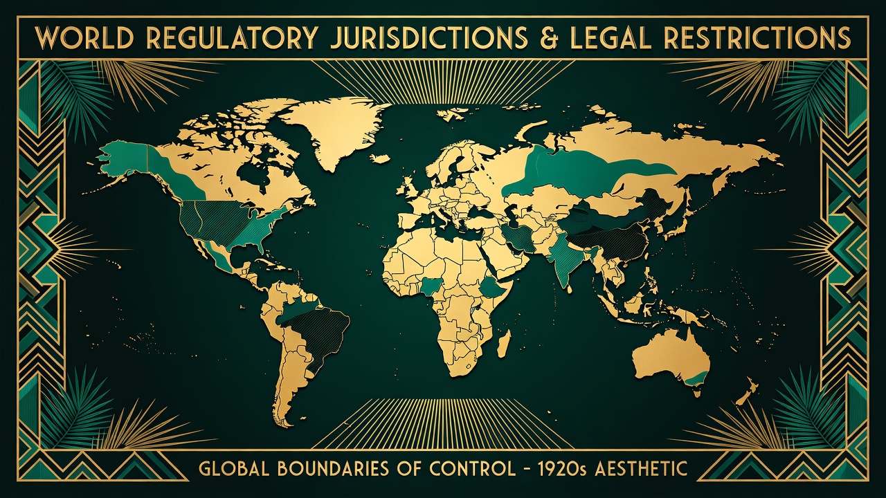 World map with shaded regions indicating regulatory jurisdiction boundaries and legal restrictions