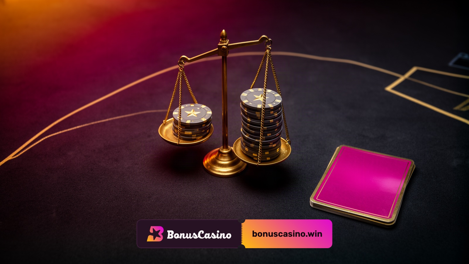 A brass balance scale with level pans holding a short and a tall stack of black and gold chips on dark felt, with a face-down magenta card beside it.