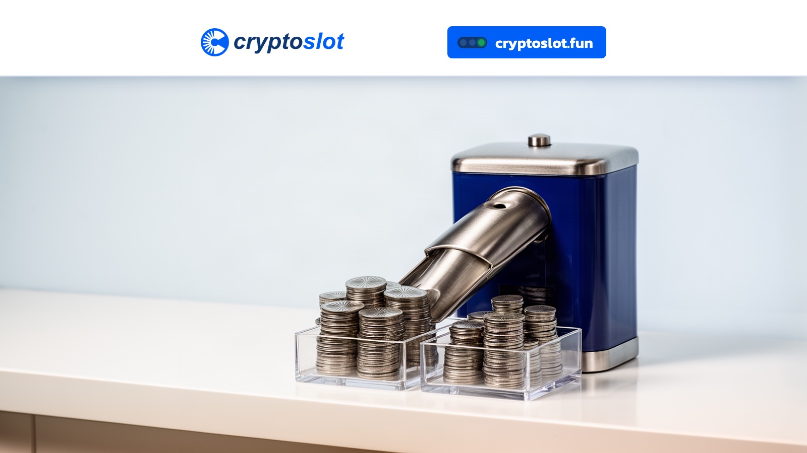 A steel coin hopper feeds a chute that splits into two clear trays, one holding a large stack of coins and the other a small stack.