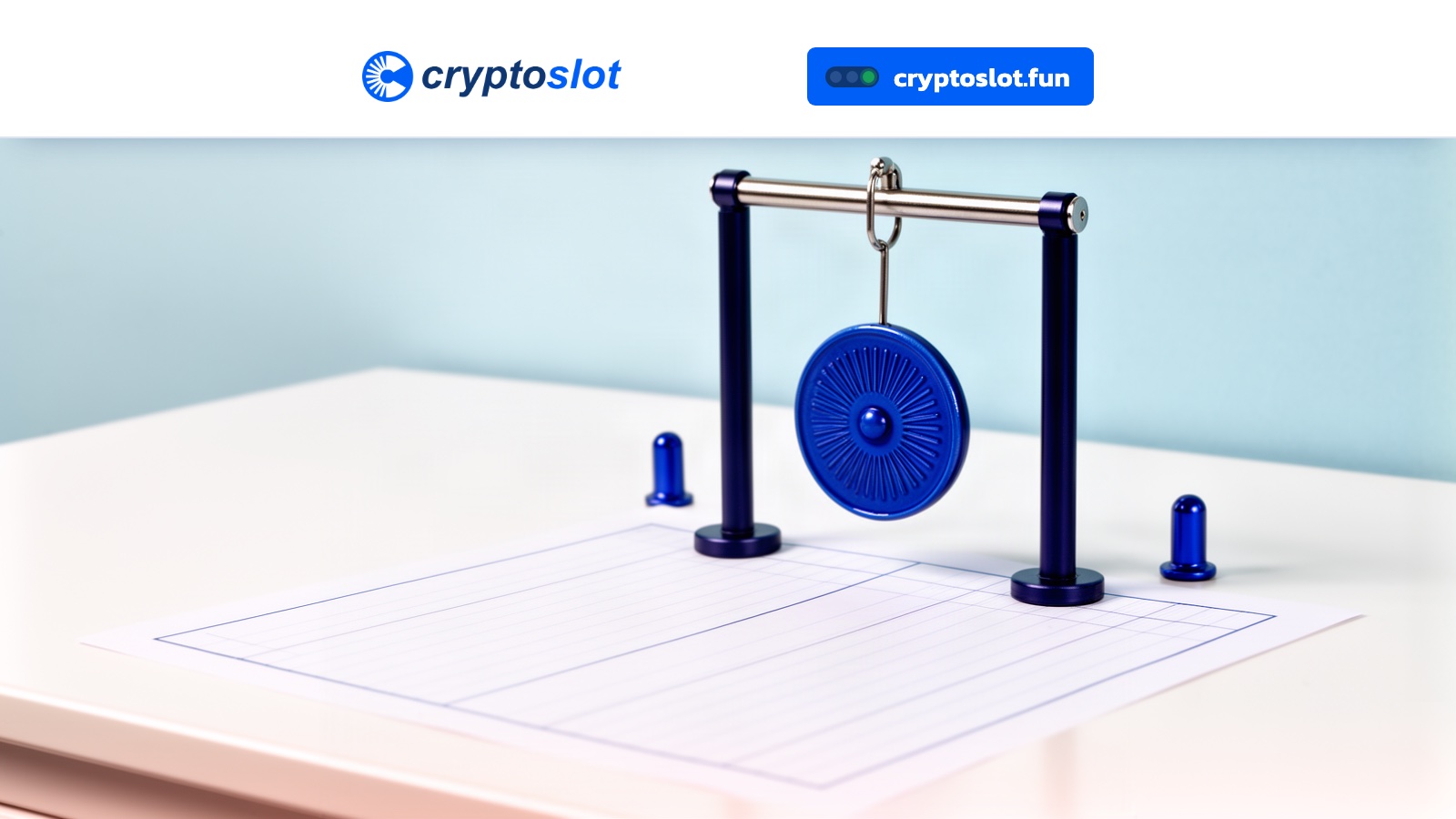 A royal-blue enamel coin on a steel pendulum swings between two blue pegs above blank ledger paper on a white counter.