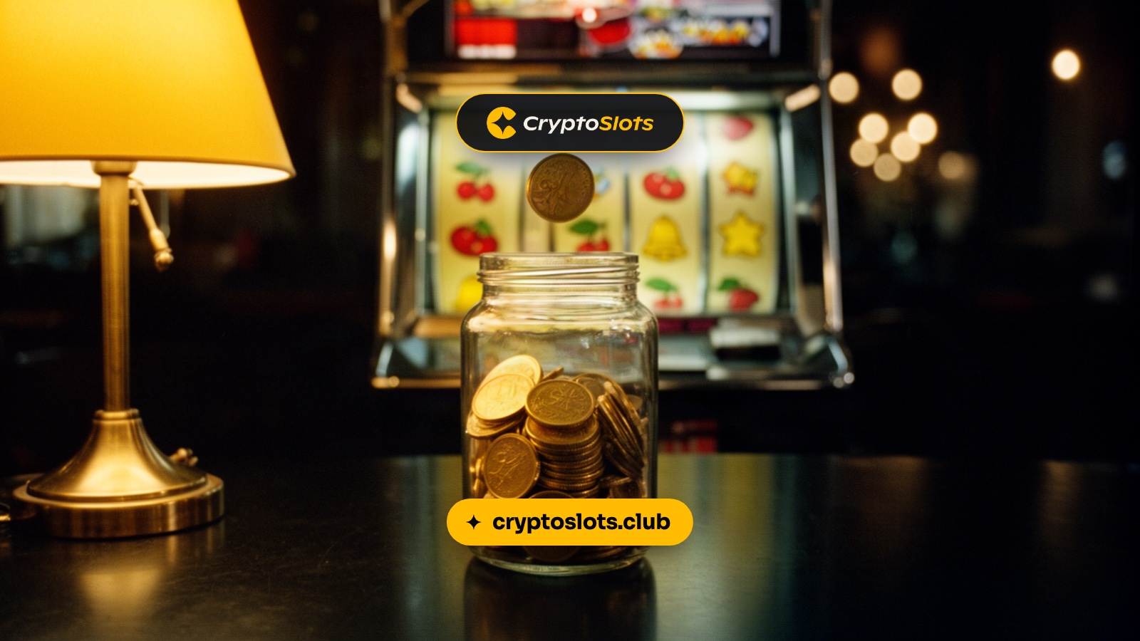 A glass jar filling with gold coins on a club table, a glowing slot reel window blurred behind it.