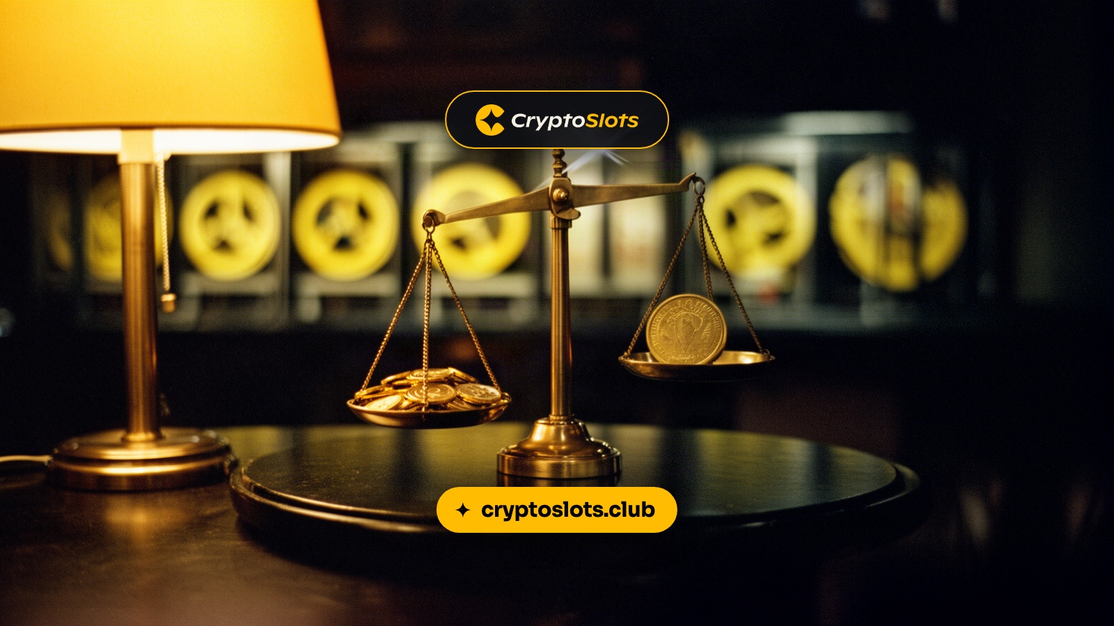A tipped brass balance on a dark club table, a heap of small gold coins outweighing one large coin, lit by a warm lamp.