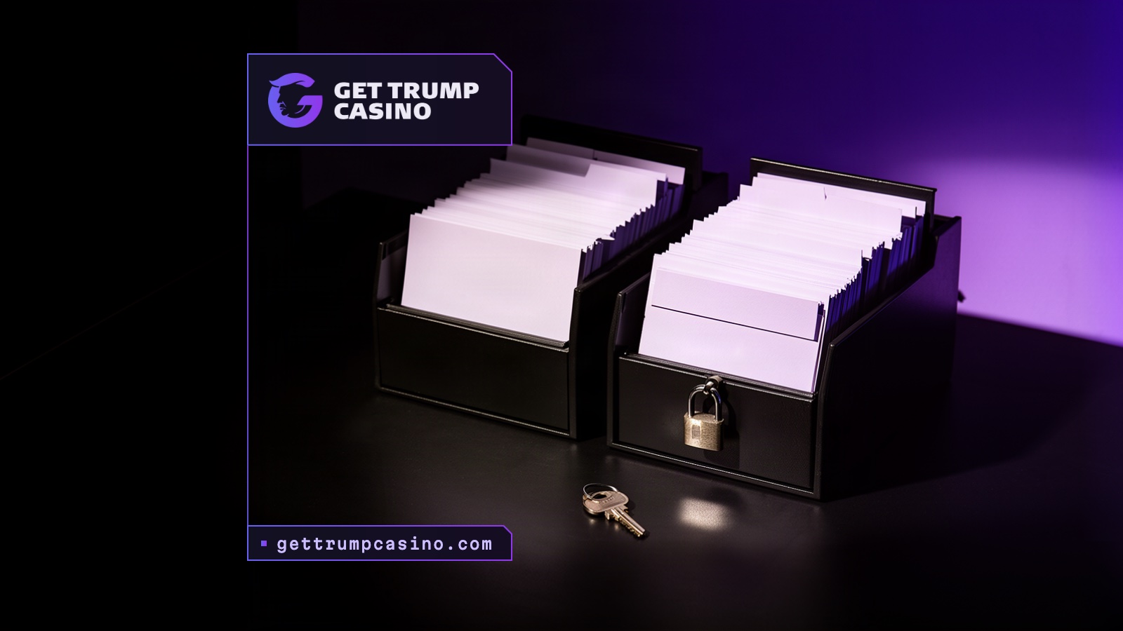 Two matte black card-index drawers of different sizes side by side, a steel padlock on one and a single key lying in front.