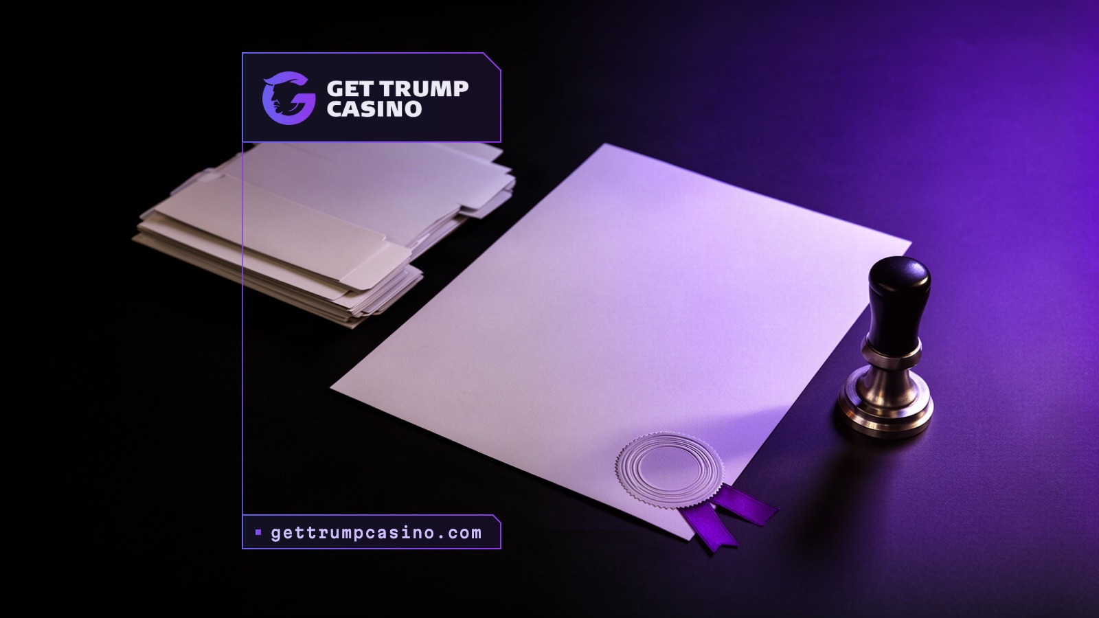 A blank embossed licence certificate with a ribbon beside a steel seal press on a dark desk, lit by violet light.