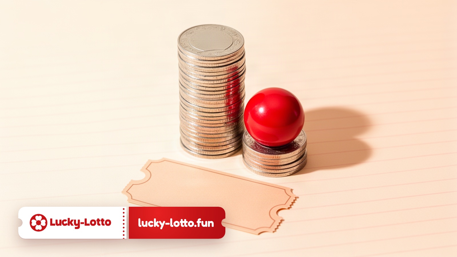 A tall stack of plain silver coins beside a shorter set-aside stack, with a blank ticket stub and a cherry red lottery ball on paper.