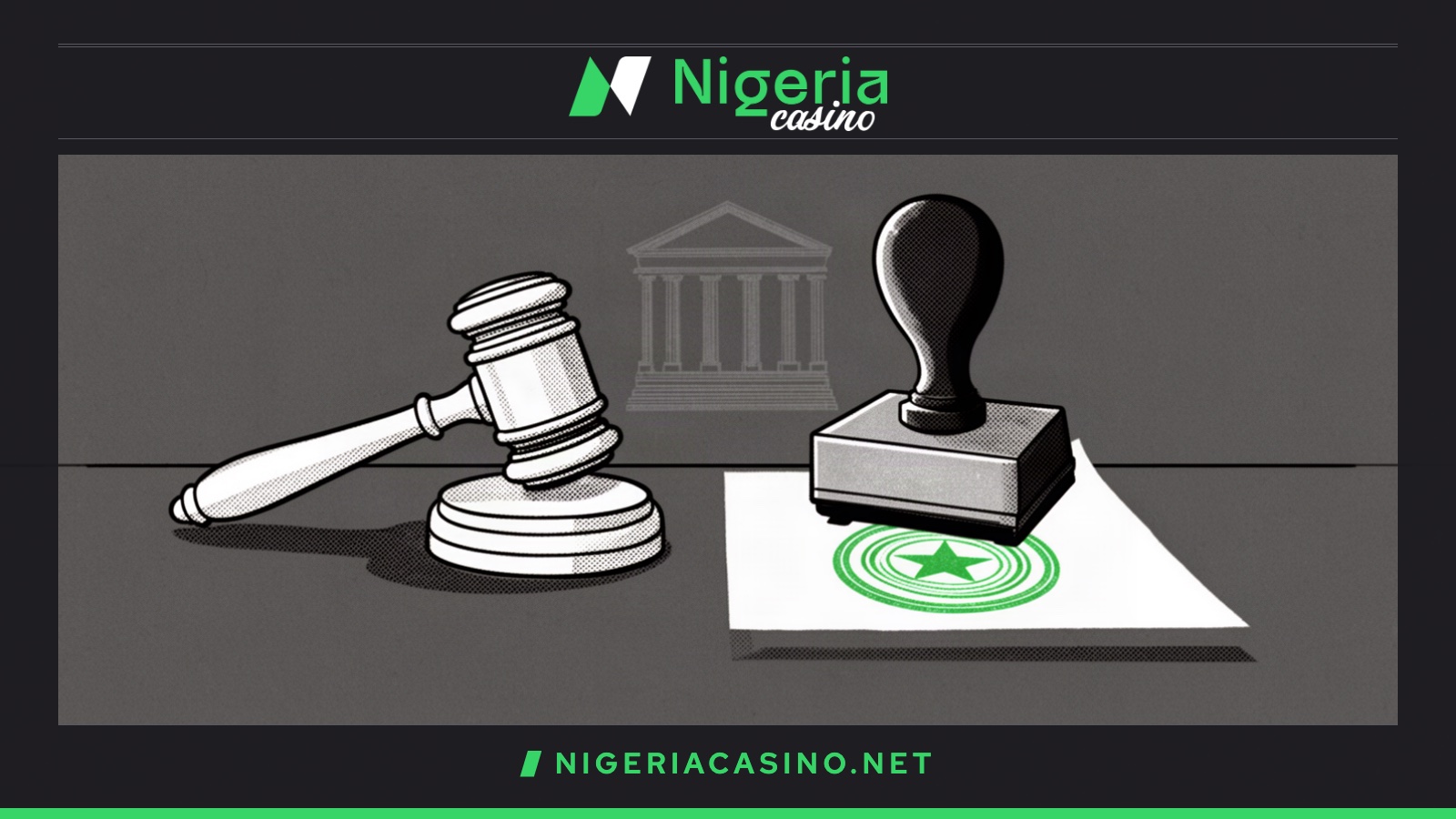 Illustration of a judge's gavel beside a rubber stamp that has left a fresh green seal, with a small court building behind.