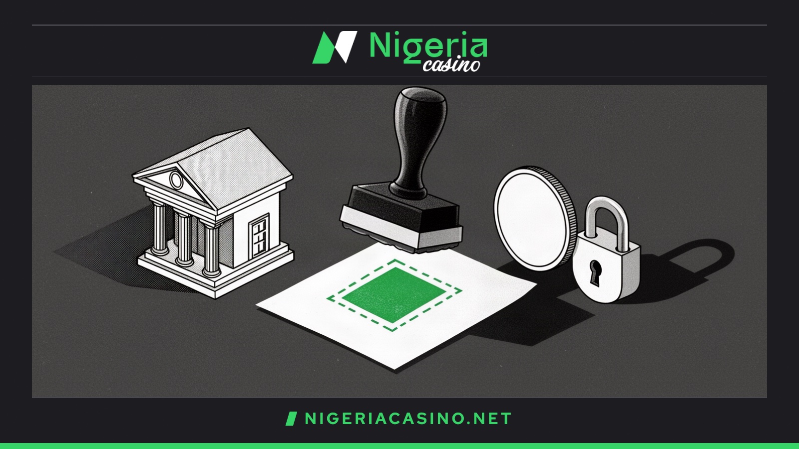 A rubber stamp leaves an unfinished green seal beside a small columned regulator building, a blank coin and a padlock.