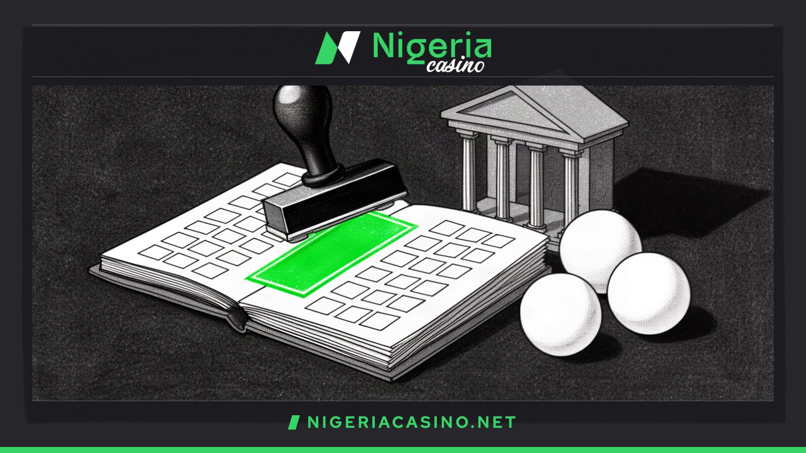 Illustration of a rubber stamp leaving a green mark on a register, with plain white balls and a regulator's building.