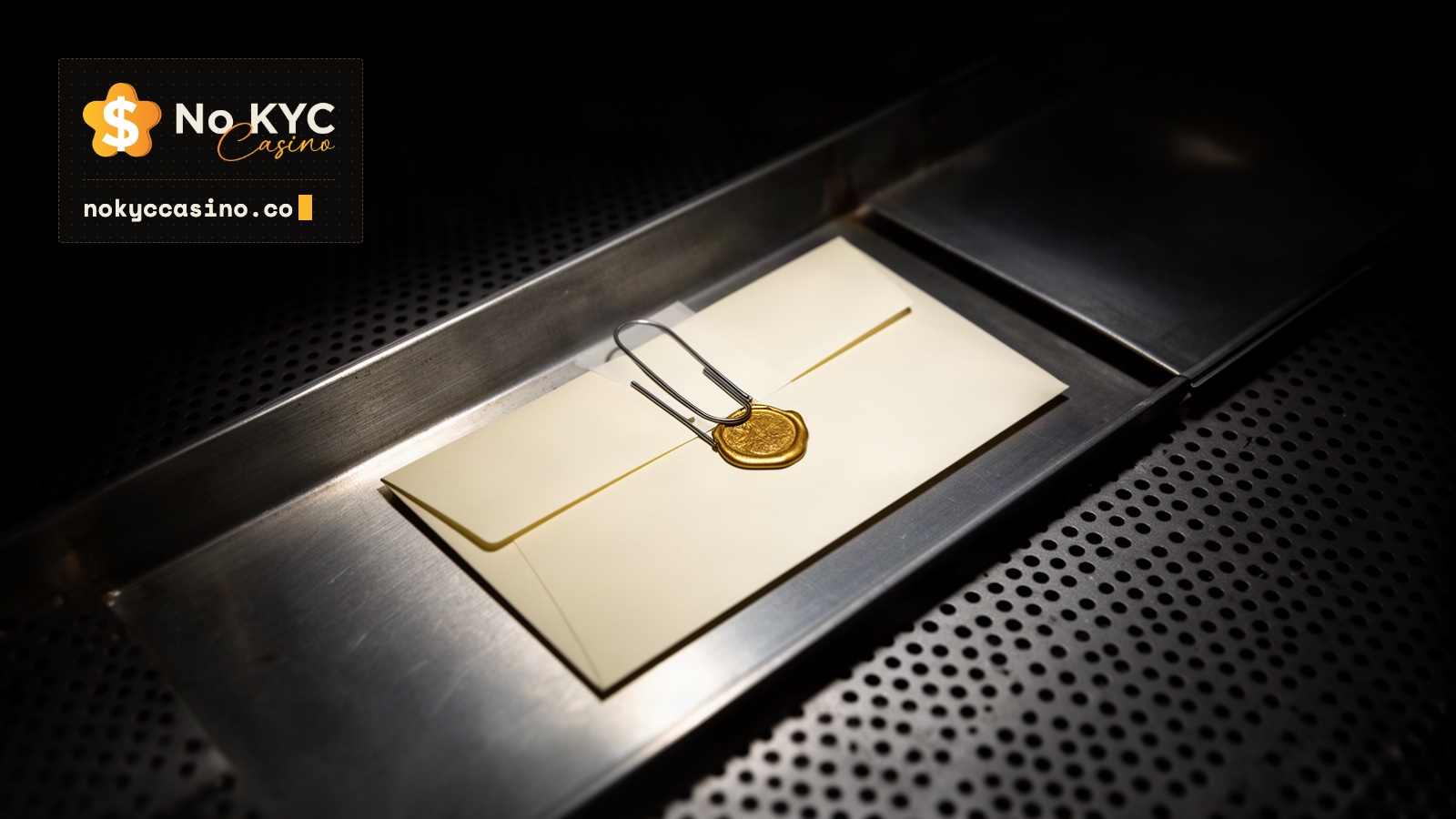 A sealed blank envelope with a paper slip clipped to it rests on a dark steel tray, reaching toward a second tray in shadow.